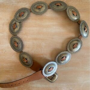 Tan Leather Western Concho Belt with Antiqued Gold Medallions
